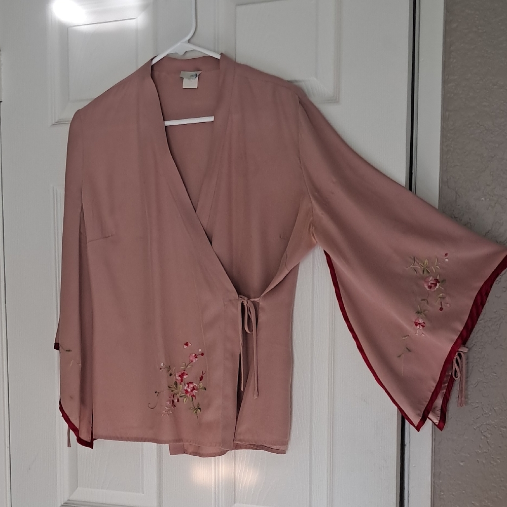 Odille Pink Wrap Blouse with Floral Embroidery